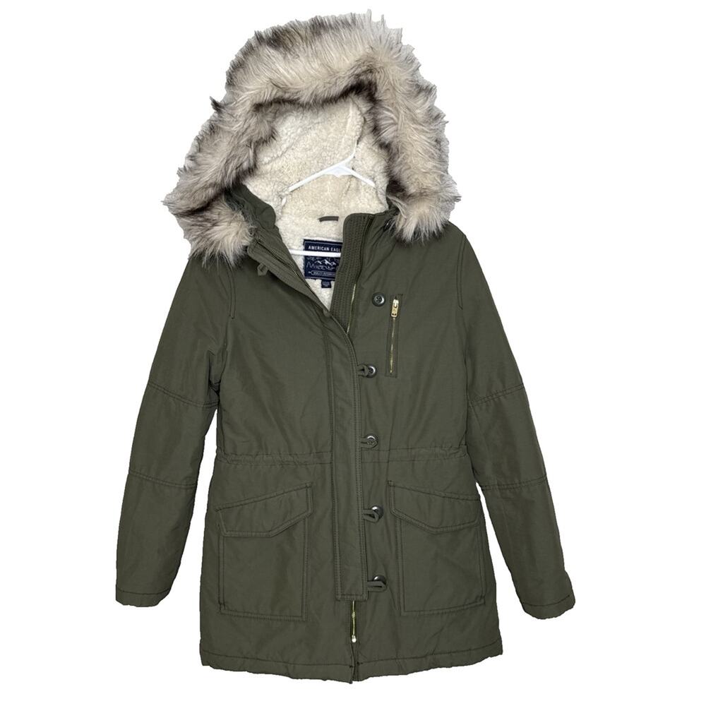 American Eagle Coat Womens S Winter Jacket Olive Green Faux Fur Hood